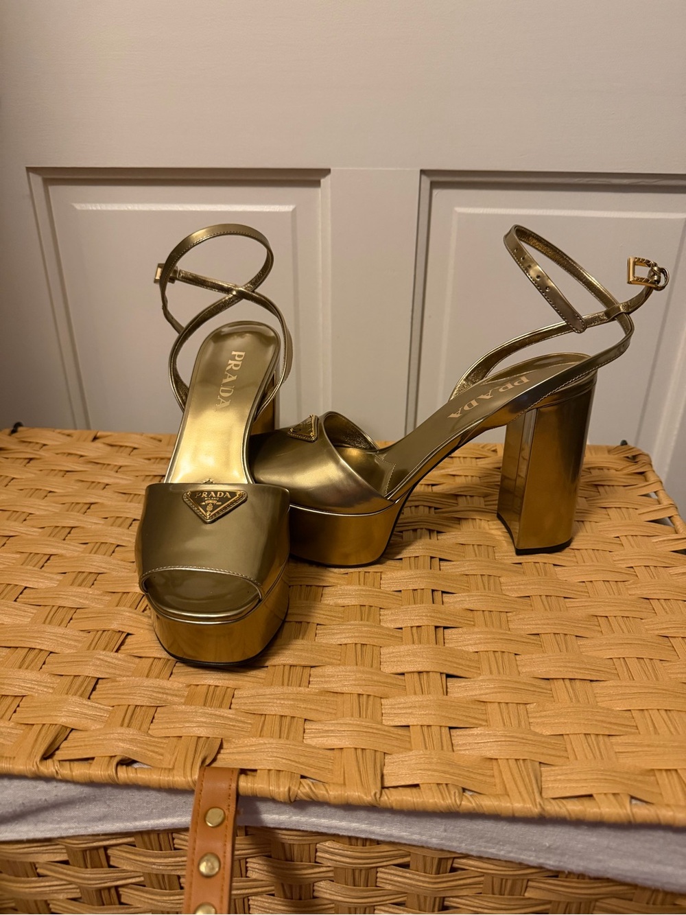 Prada Metallic Gold Platform Ankle-Strap Sandals - Picture 2 of 5